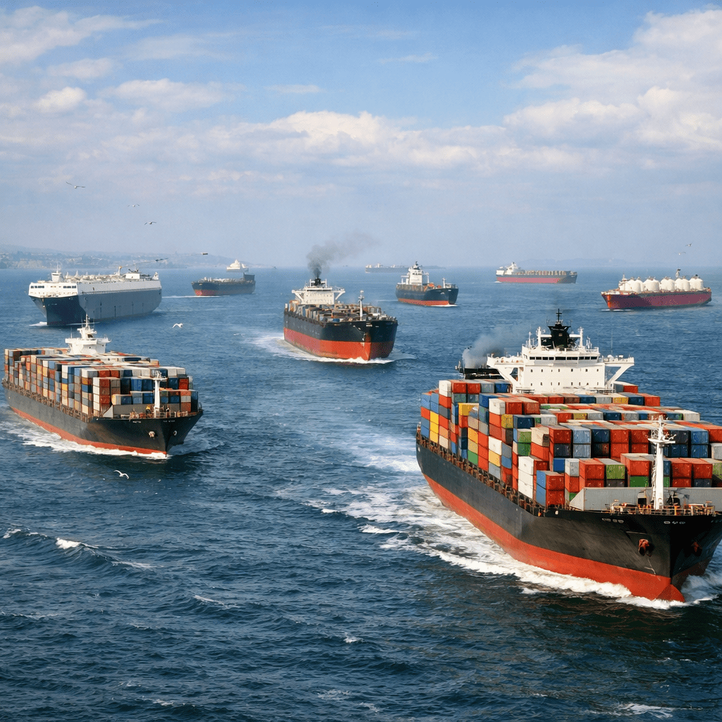 Several large cargo ships at sea carrying colorful shipping containers