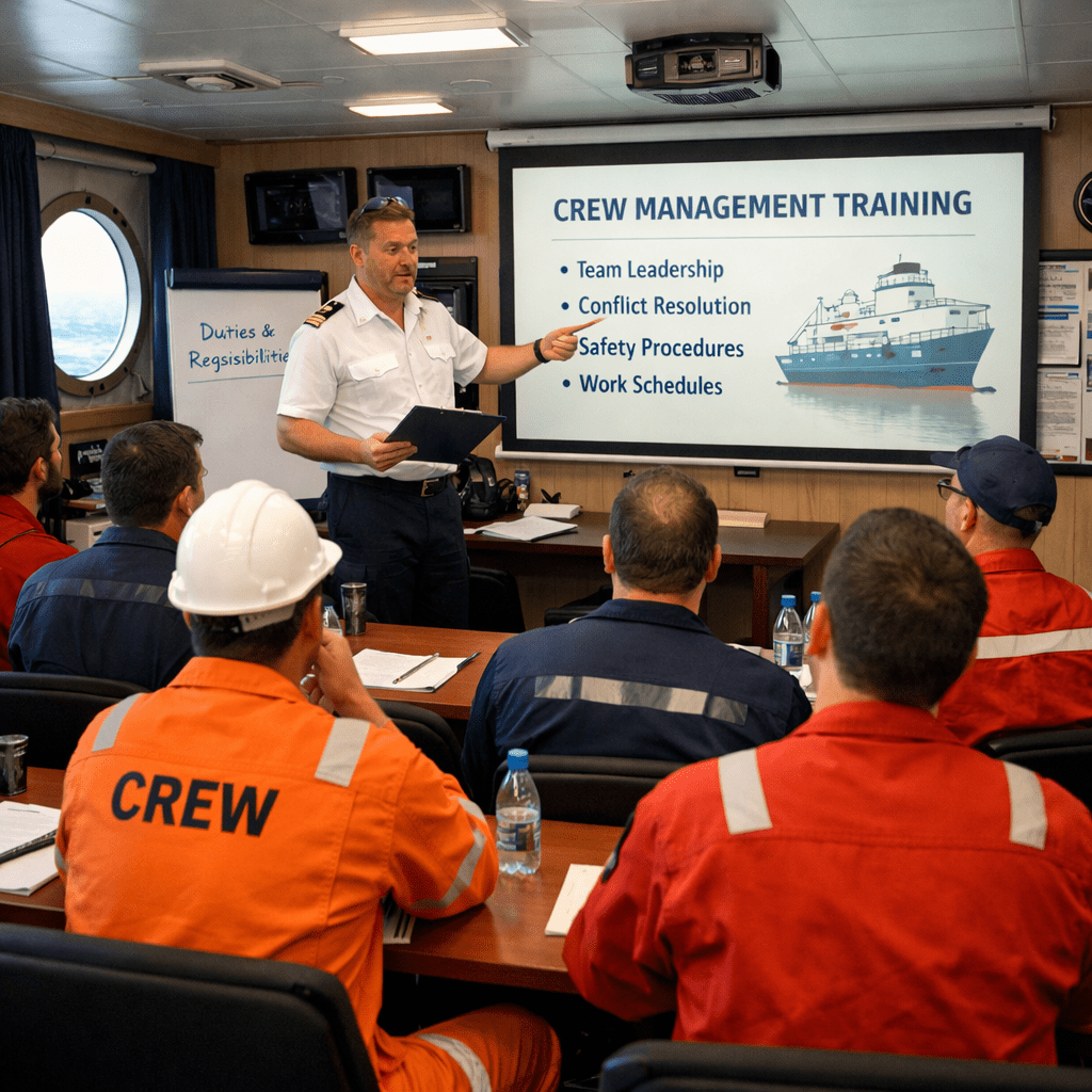 Ship officer conducting crew management training with team in classroom