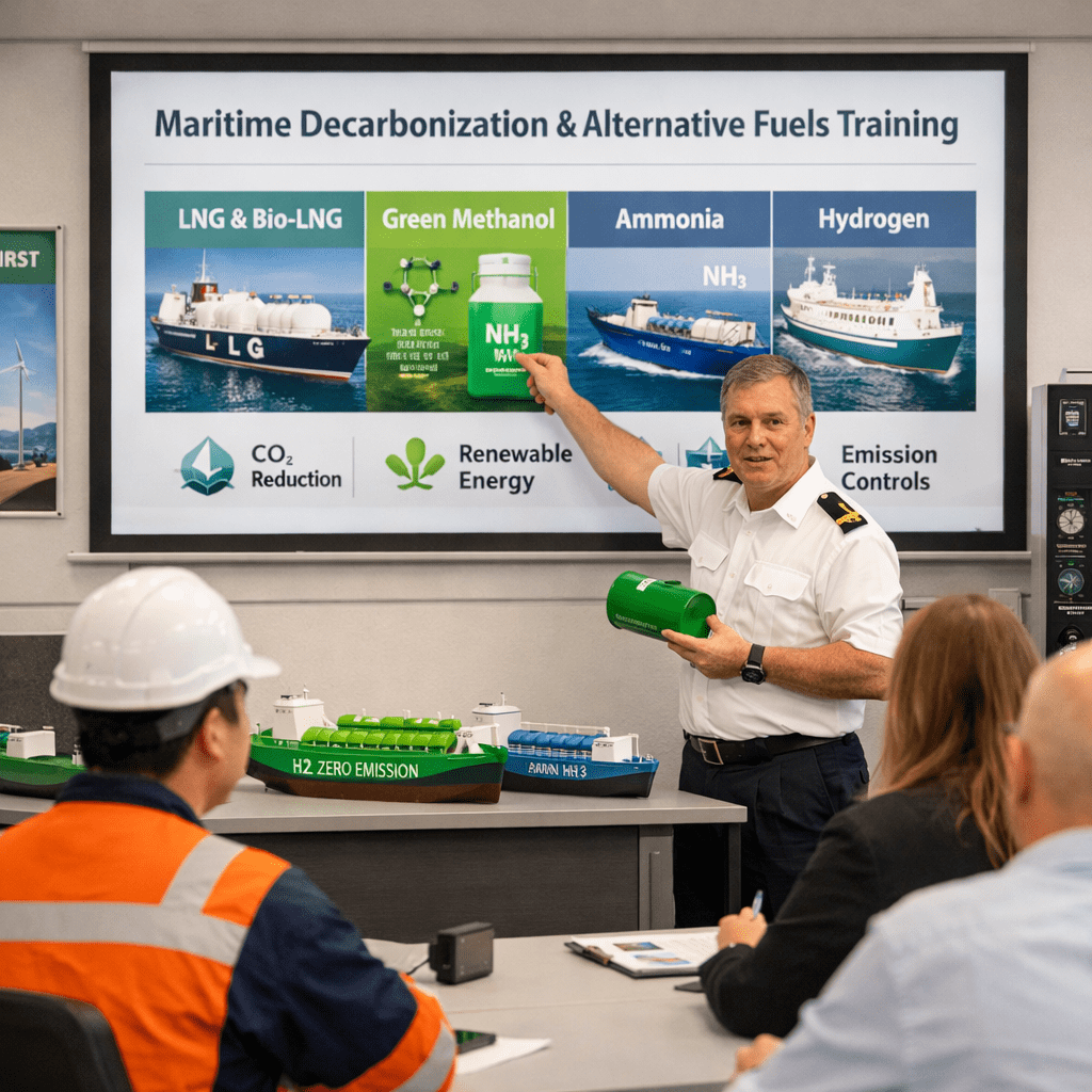 Instructor pointing at maritime fuels presentation with LNG, methanol, ammonia, and hydrogen models
