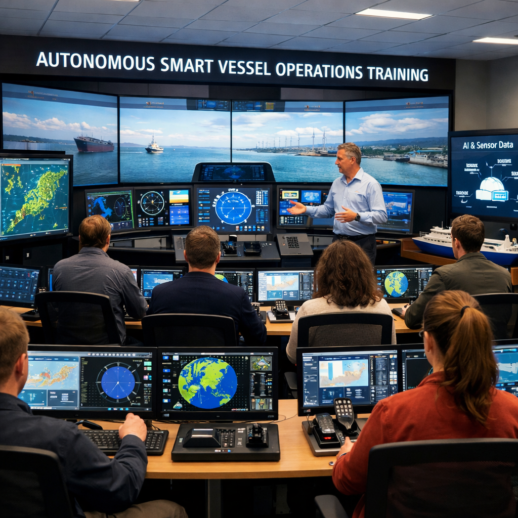 Students and instructor in autonomous smart vessel operations training room