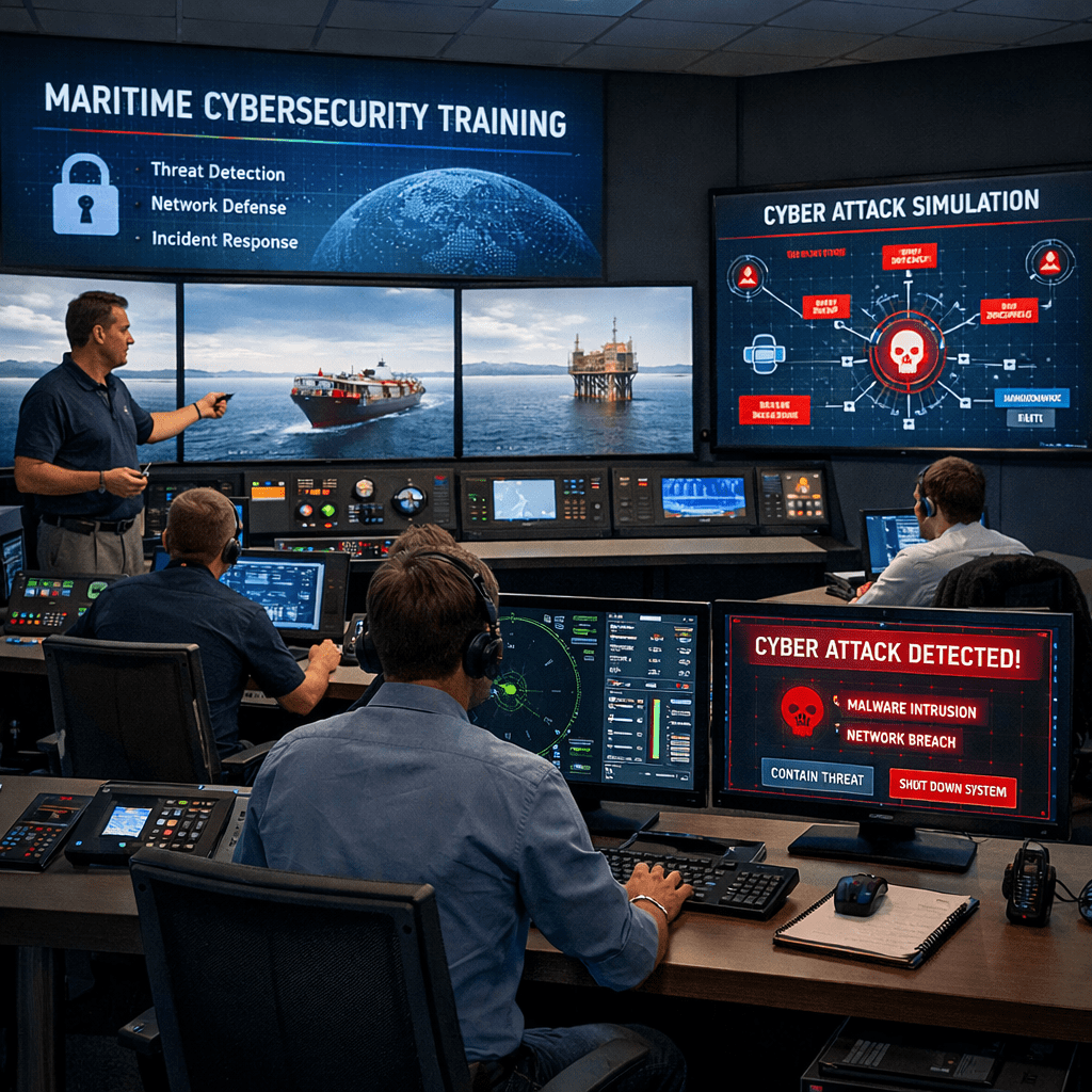 Maritime cybersecurity training room with multiple screens showing cyber attack simulations and maritime operations