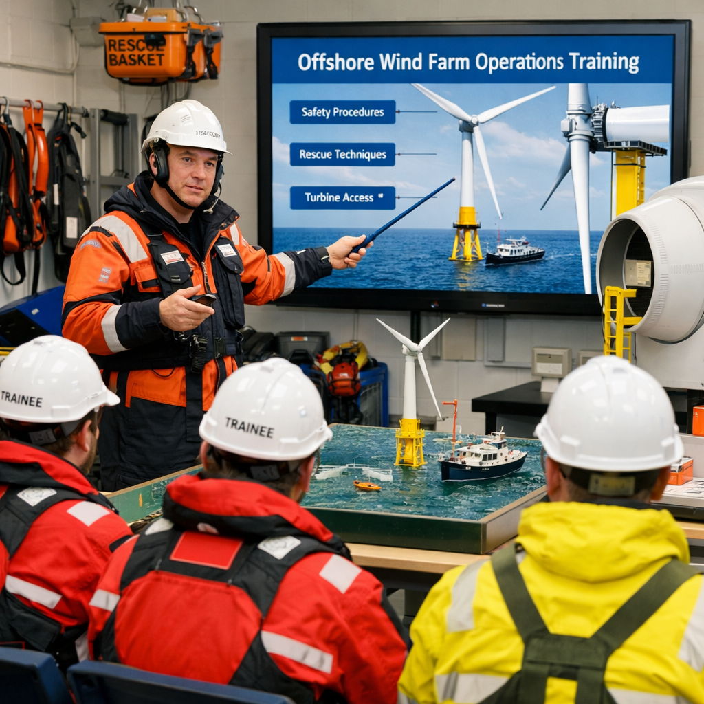 Instructor giving offshore wind farm operations training to trainees wearing safety gear