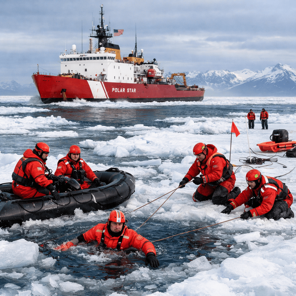 Rescue team members in red suits performing ice water rescue training