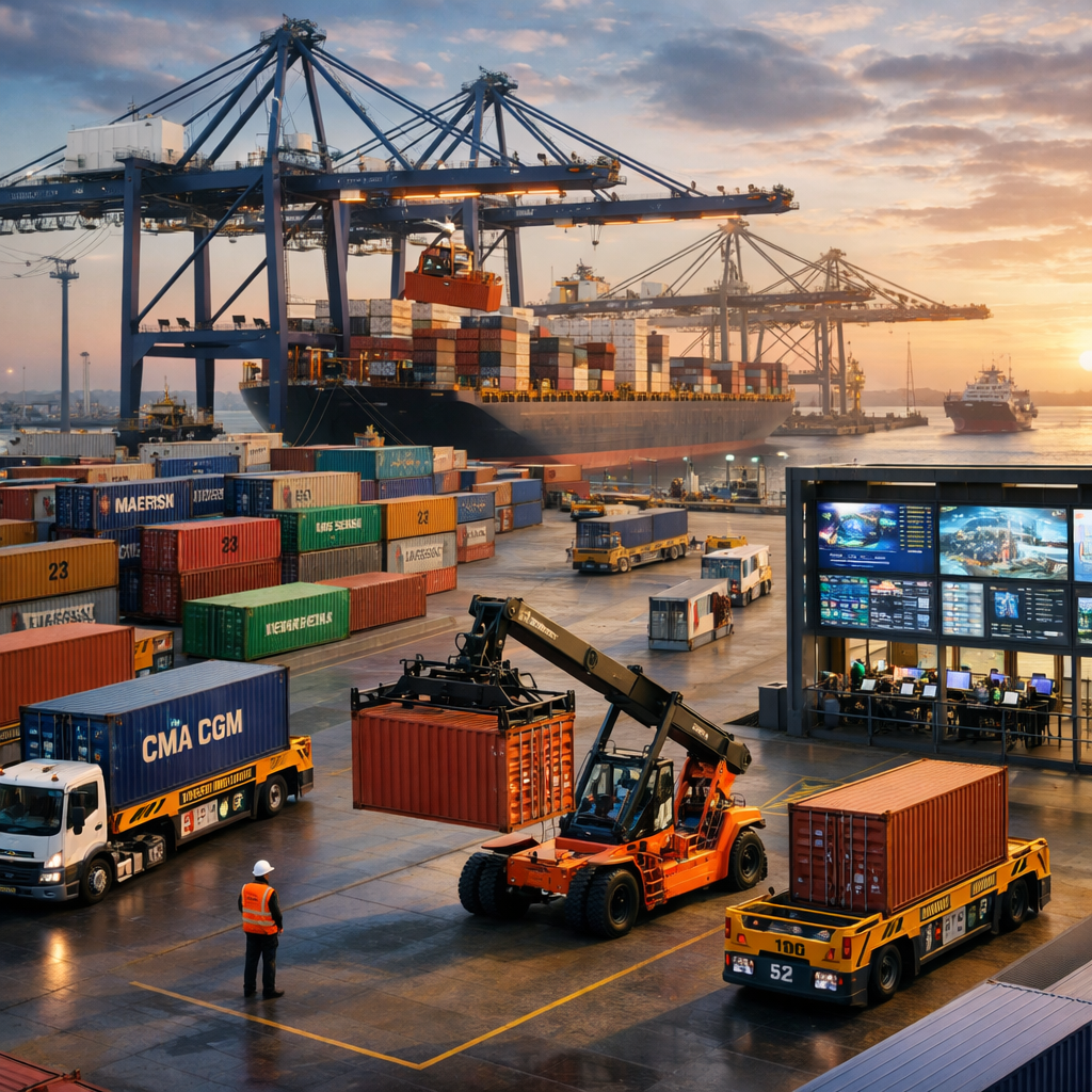 Container cranes loading cargo onto a ship with trucks moving containers at a port