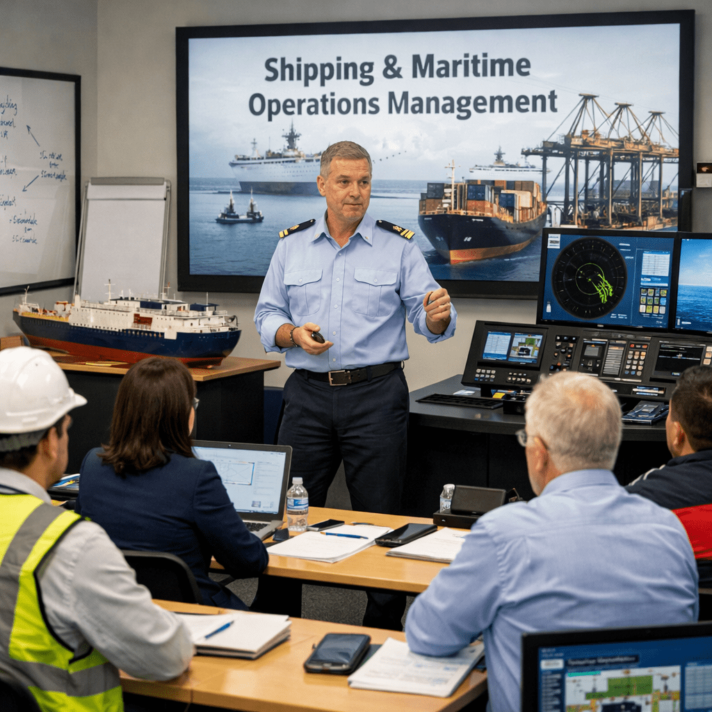 Maritime officer giving a presentation on shipping and maritime operations to a group of professionals.