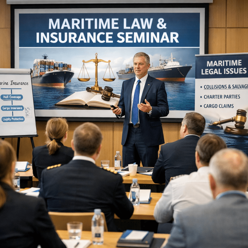 Presenter speaking at maritime law and insurance seminar with audience