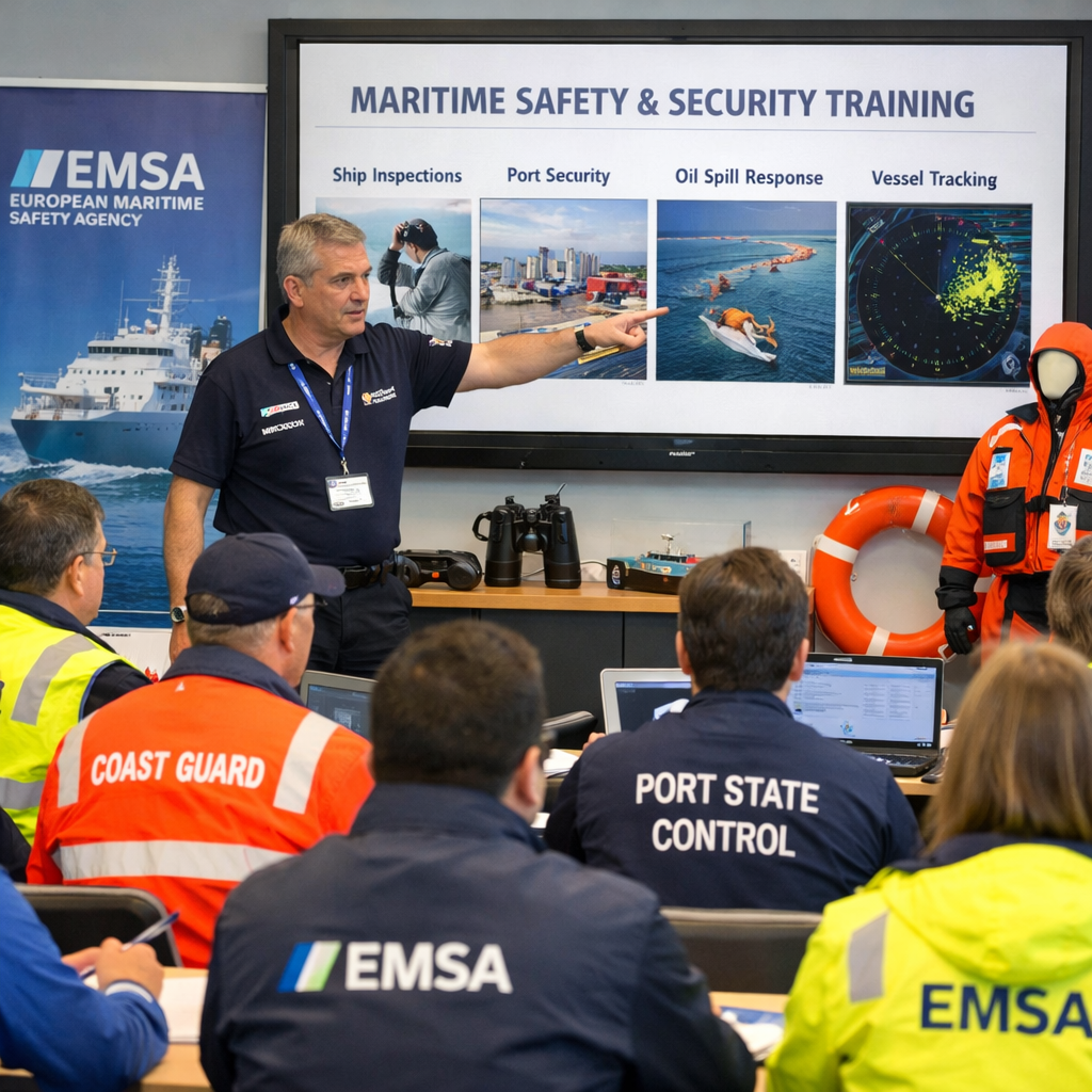 Instructor pointing at maritime safety and security training topics on screen with attendees in safety uniforms