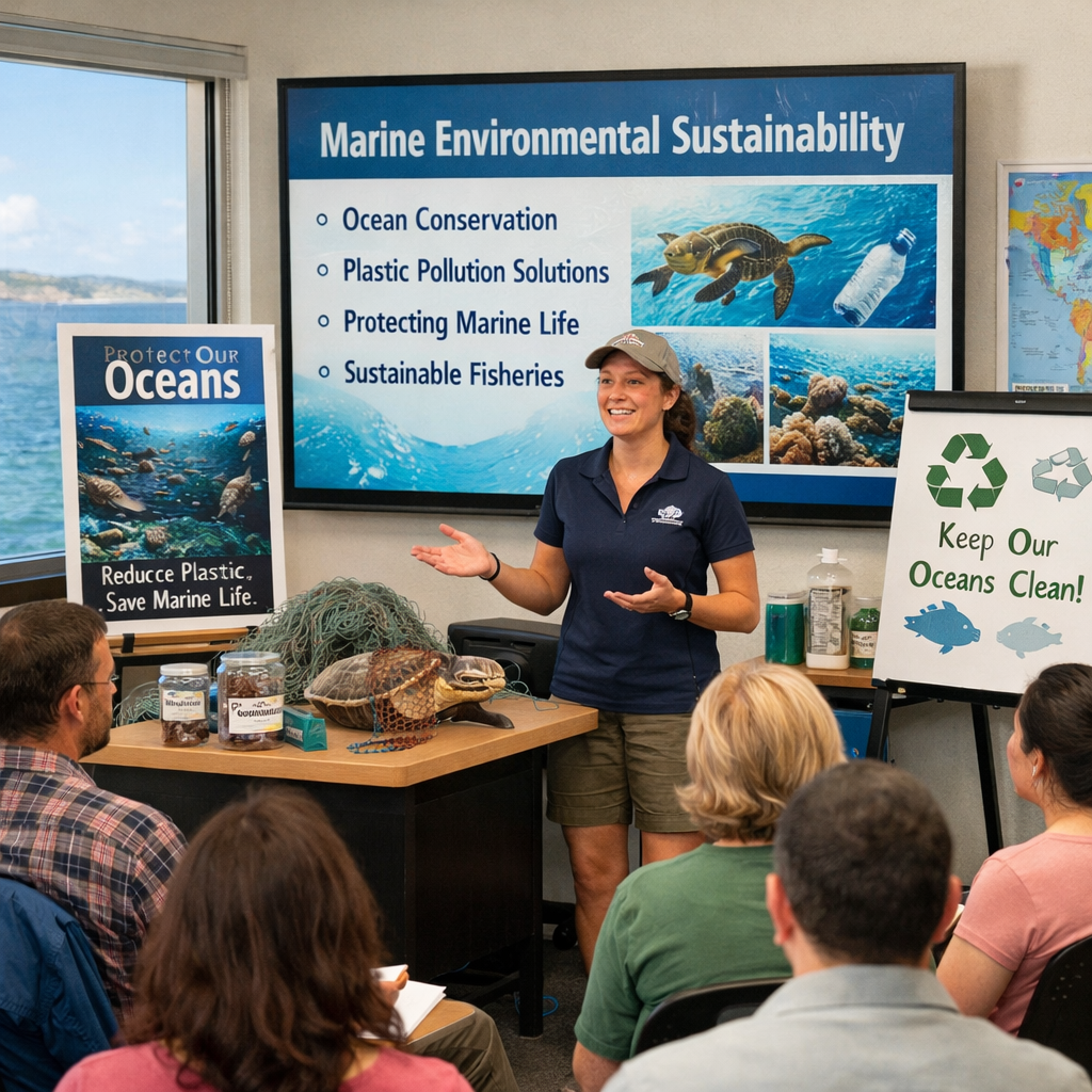 Presenter discussing marine environmental sustainability with audience and visual aids