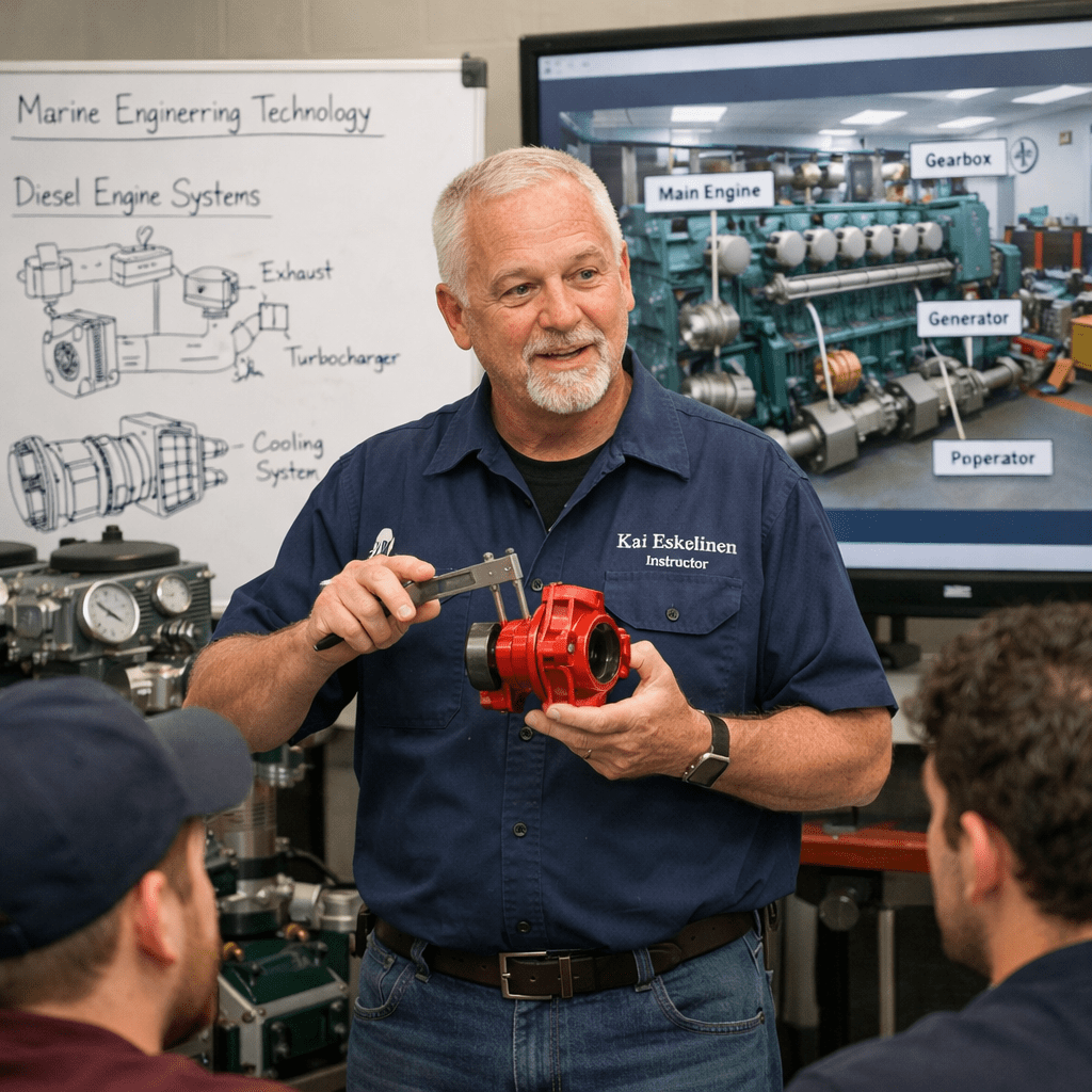Instructor holding a red engine component, teaching students about diesel engine systems