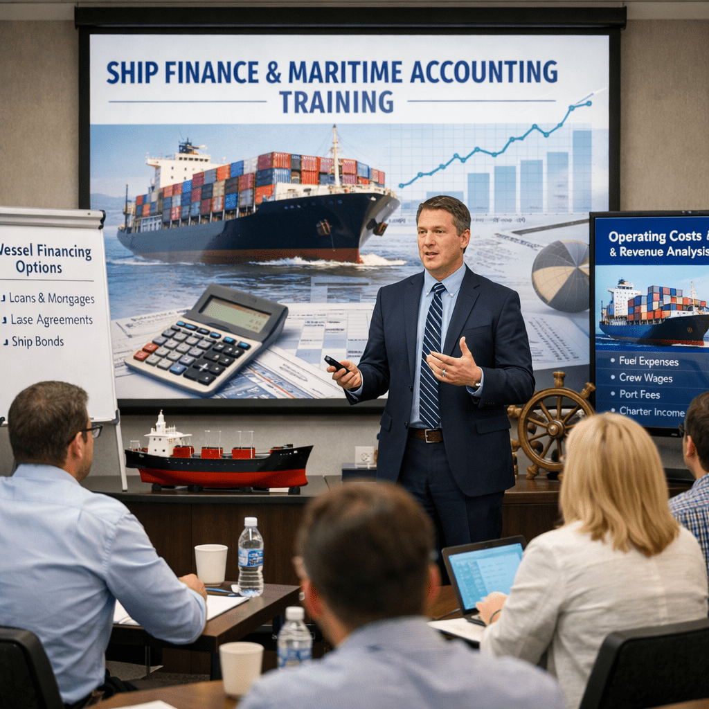 Instructor giving ship finance and maritime accounting training to attendees in a classroom
