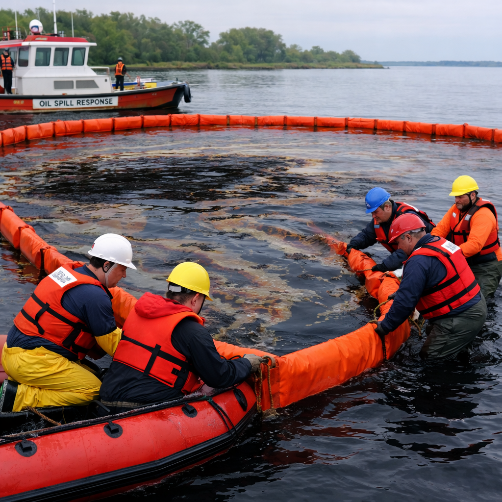 Workers in safety gear deploying orange containment boom around oil spill in water.