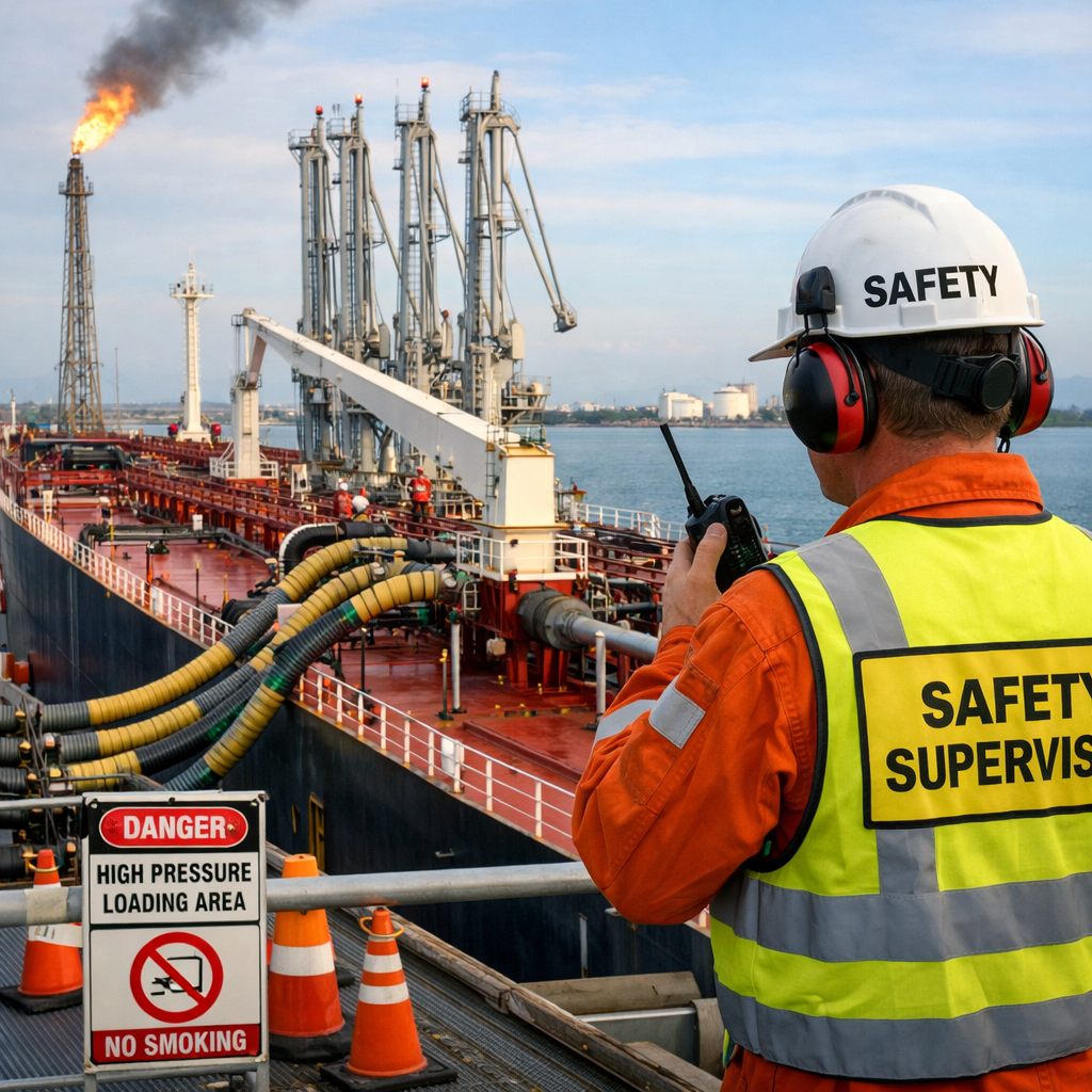 Safety supervisor in helmet and vest monitoring oil tanker loading at port with danger sign