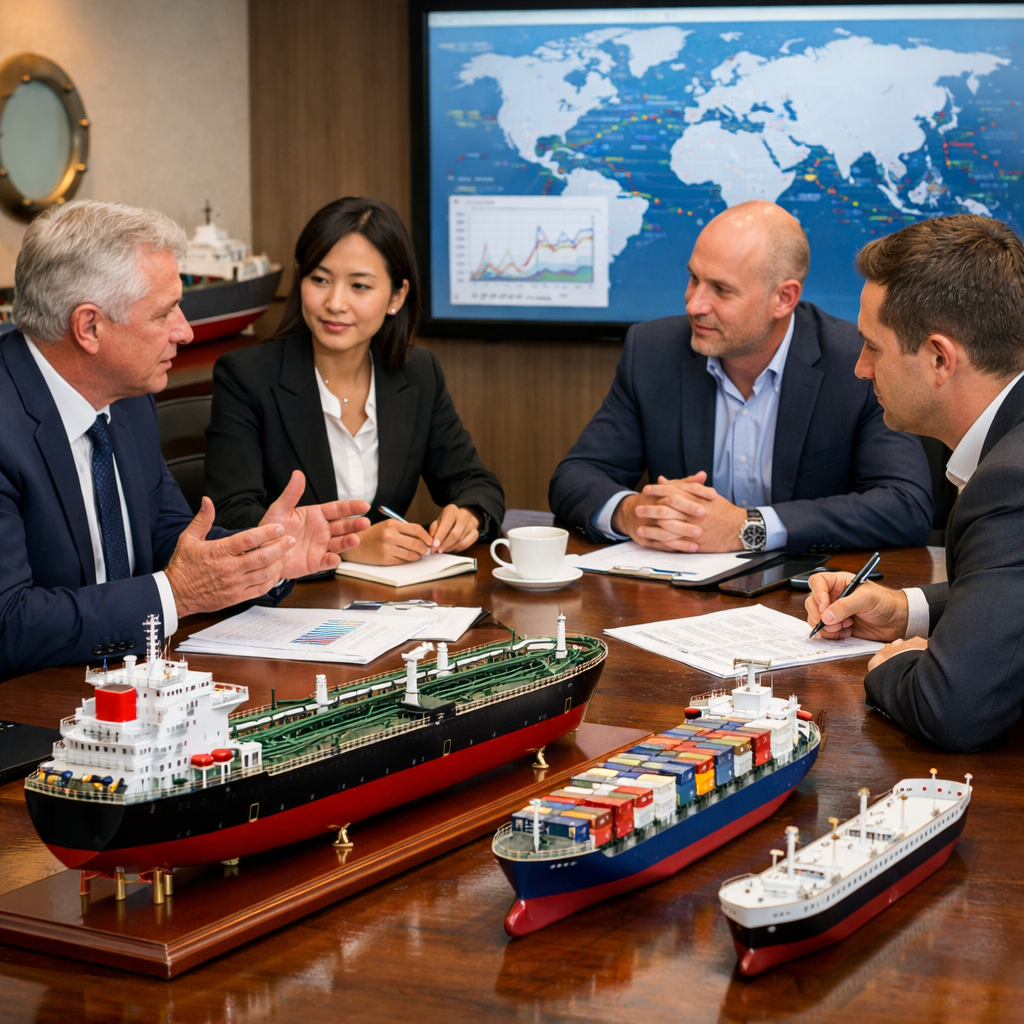 Four business people discussing shipping logistics with model container and tanker ships on the table