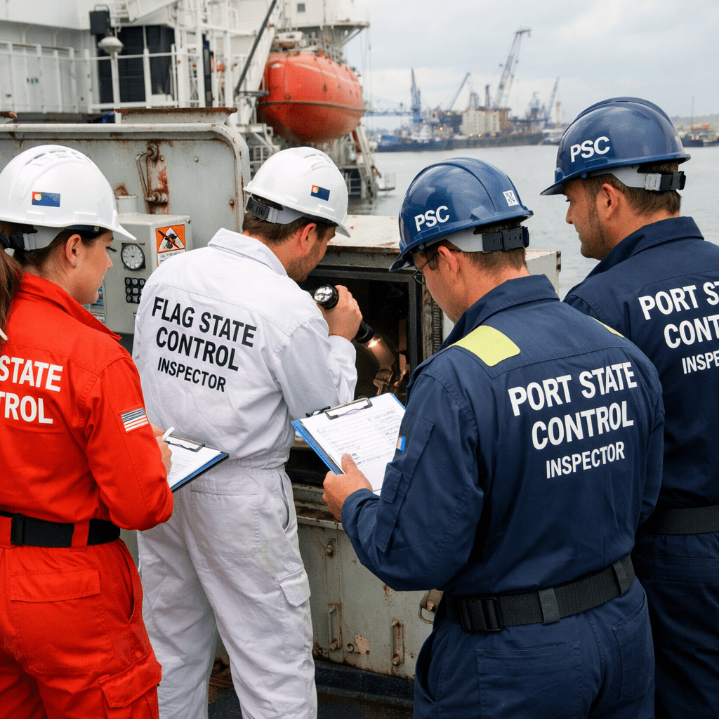 Maritime inspectors in protective gear inspecting ship machinery with clipboards and flashlight