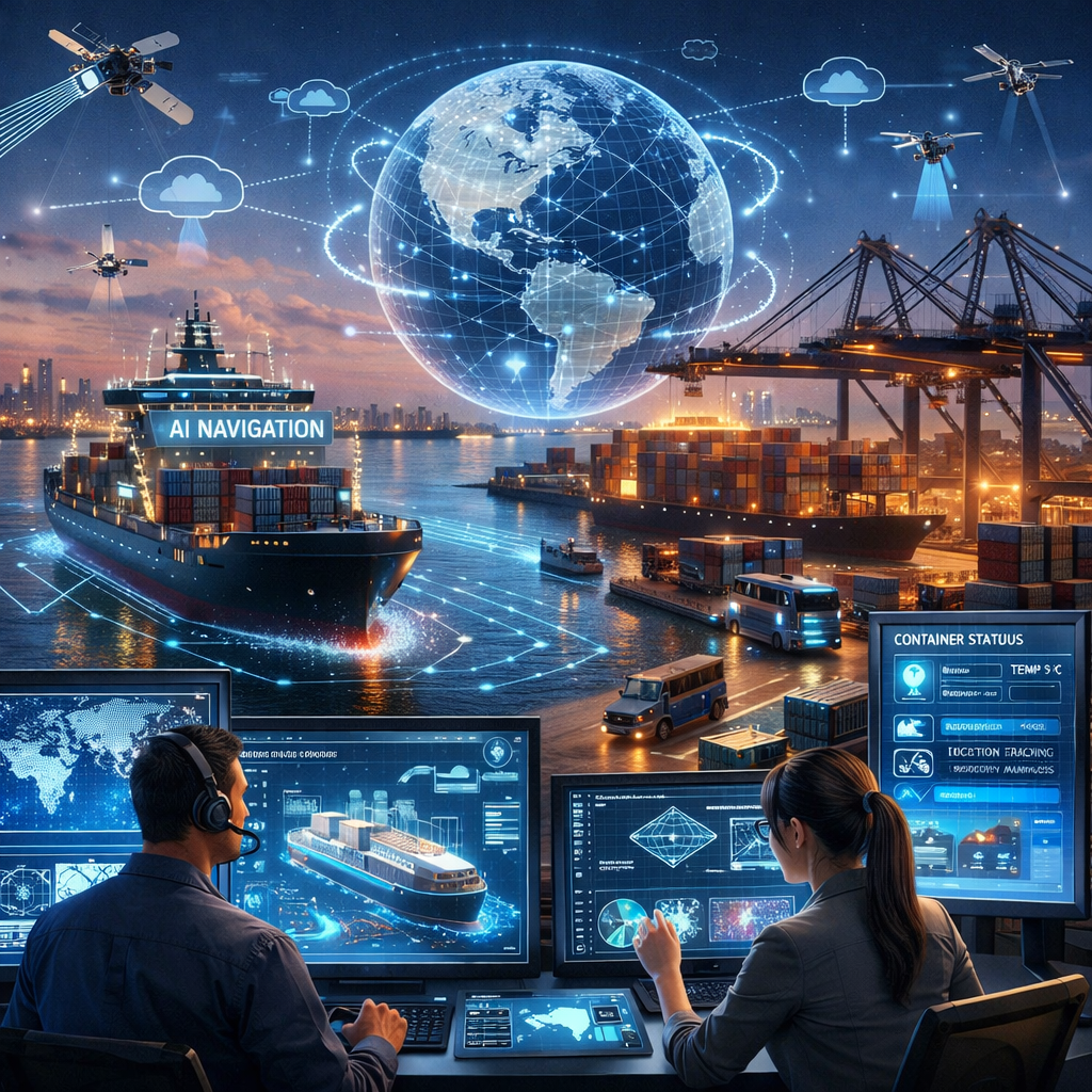 Two operators monitoring AI-driven maritime navigation and container logistics on digital screens at a high-tech port.
