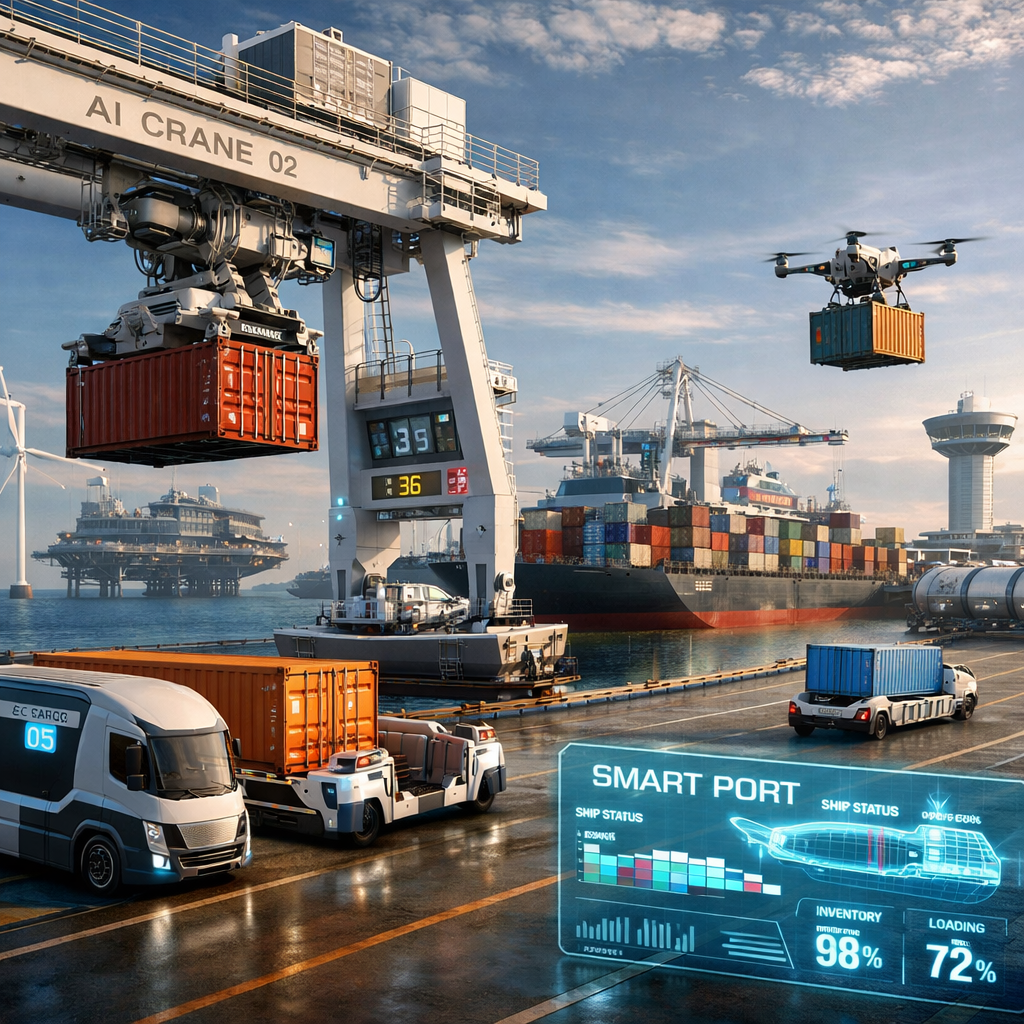 Autonomous drone and AI cranes loading containers at a smart port with ships and trucks